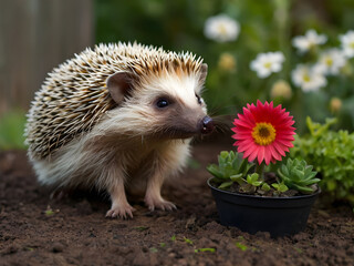 Fototapeta premium A hedgehog in the garden smells a flower.