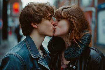 Young Hipster Couple Kissing on Urban Street