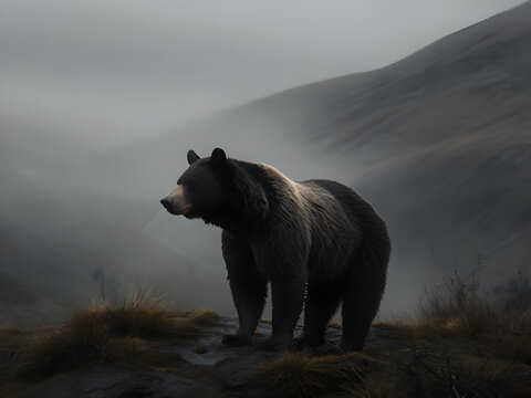 Black bear in foggy and stormy weather