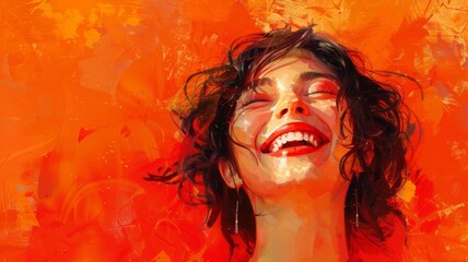 Digital Fantasy Woman - A vibrant digital painting of a woman laughing, with an abstract orange backdrop, encapsulating joy and creativity