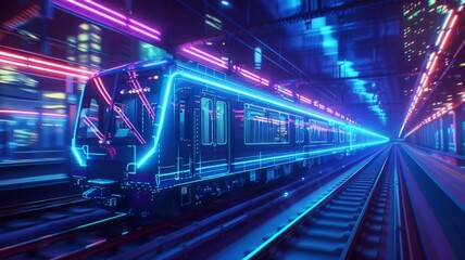 Fototapeta na wymiar Futuristic Train in Neon Tunnel - A modern train speeds through a vibrant neon-lit tunnel, representing advanced transportation and futuristic travel concepts.