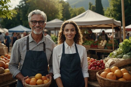 Diverse Female and Male Business Partners Posing for a Portrait, Looking at Camera and Smiling, Old-Time Friends Managing a Successful Organic Farmers Market Marketplace with Natural Farm Produce - Powered by Adobe