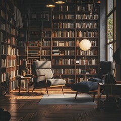 a room with bookshelves and chairs