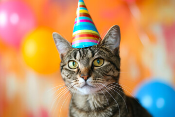 Cat Wearing Party Hat With Balloons