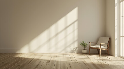 Minimalist living room interior with sunlight casting shadows on a beige wall, featuring a modern armchair. - obrazy, fototapety, plakaty