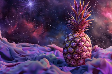 pineapple in a color space background - obrazy, fototapety, plakaty