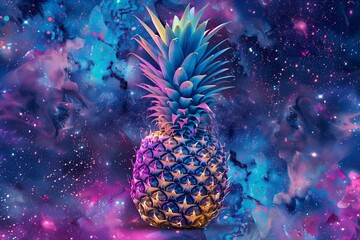 pineapple in a color space background - obrazy, fototapety, plakaty