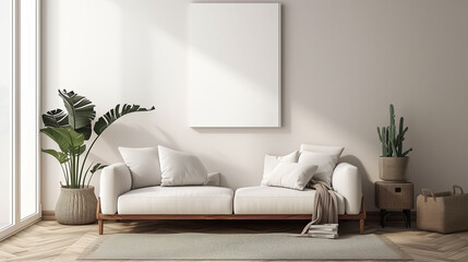 Minimalist living room with white sofa, wooden table, and potted plant by a sunny window, blank canvas on wall