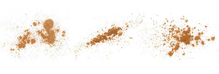 Set cinnamon powder scattered isolated on white, texture, macro	