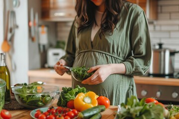 Healthy eating during pregnancy woman eating a salad in the kitchen of a home - obrazy, fototapety, plakaty