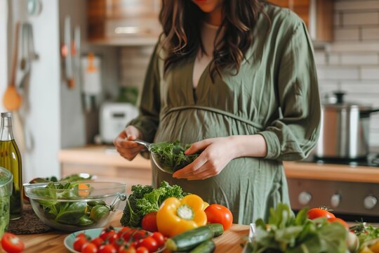 Healthy eating during pregnancy woman eating a salad in the kitchen of a home