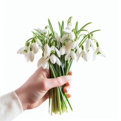Bouquet of snowdrops in hand isolated on white background.
