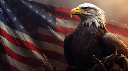 An evocative tribute to the ideals of democracy with the American flag unfurled beside the steadfast presence of an eagle.