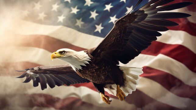 Bald eagle flies against American flag background.