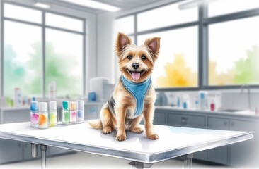 A small breed dog sits on a table in a veterinary clinic. Concept of medicine. Animal hospital