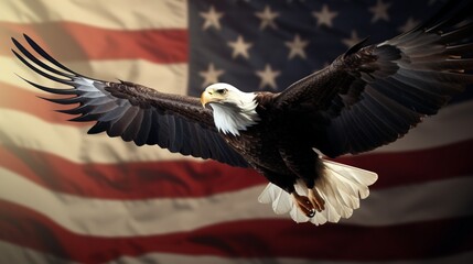 Naklejka premium Bald eagle flies against American flag background.