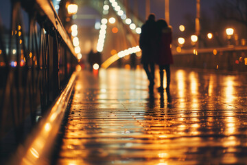 An intimate moment between two individuals sharing a walk on a rain-slicked bridge, illuminated by the warm glow of street lamps and bokeh lights.