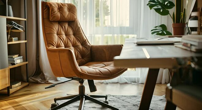 Close-up of a stylish and comfortable office chair with adjustable features, placed in front of a minimalist desk in a cozy home office.