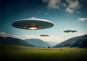 Three alien UFO - unidentified flying object - or UAP -  unidentified anomalous phenomena flying over a field. 