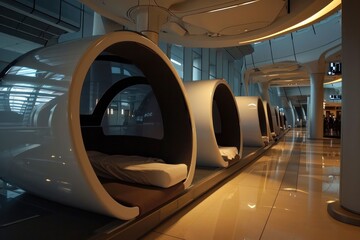 Airport sleeping pods futuristic interior design. Capsule hotel rooms concept 3d render. - obrazy, fototapety, plakaty