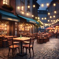 Evening bokeh scene of an outdoor street bar, with vibrant lights illuminating the rustic wooden tables and chairs