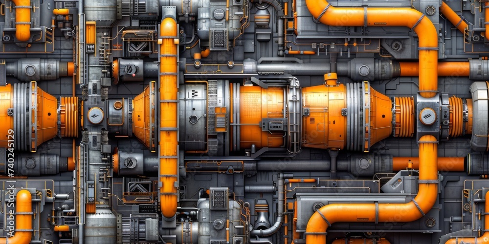Poster a labyrinth of metallic pipes and machinery signifying human engineering prowess and technological a
