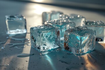 frozen transparent ice cubes blue background