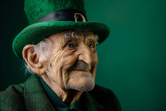 Elderly man dressed as a leprechaun with a large green hat, evoking St. Patrick's Day vibes