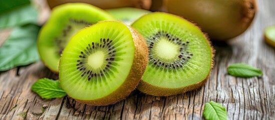 A photograph showing a freshly sliced kiwi fruit, cut in half, beautifully presented on top of a rustic wooden table.