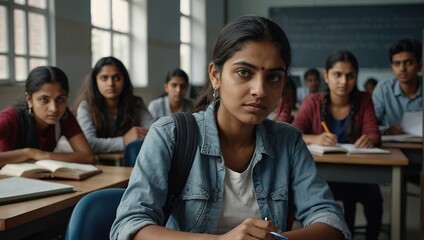 Portrait of a South Asian Female Student Studying in College with Diverse Classmates, Indian Girl Listening to Teacher, Using Computer to Apply Her Knowledge to Acquire New IT Skills in Class