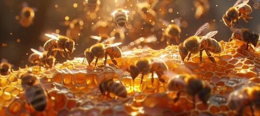Bees diligently working on honeycomb cells inside a beehive, illuminated by warm sunlight in a captivating close-up shot