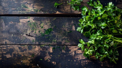 Culinary Herb Collection: Fresh parsley on a textured dark wooden surface.