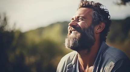 Foto op Plexiglas Mature man smiling. Mental health concept. Happiness, joy, thinking positive, having good thoughts in mind. © елена калиничева