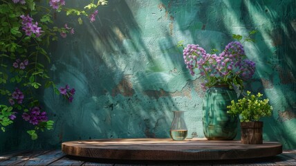 Rustic Botanical Showcase - Potted plants on wood with artistic shadows - obrazy, fototapety, plakaty