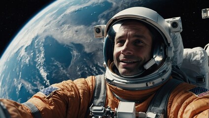 POV Selfie of a Man in a Space Suit Talking on a Video Call in Outer Space While Holding on to a Satellite. Astronaut Chatting with Family, Friends or Work Colleagues on a Phone App
