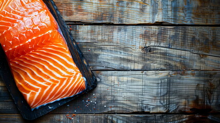 Organic Salmon Steak - Uncooked seafood with distinct marbling on timber.