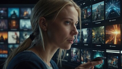 Social Media Internet Concept Close-Up Portrait Of Caucasian Woman Browsing Websites, Online Games, Communities And Viral Videos, Animated Visualization Of Digital Interface Stream With Entertainment