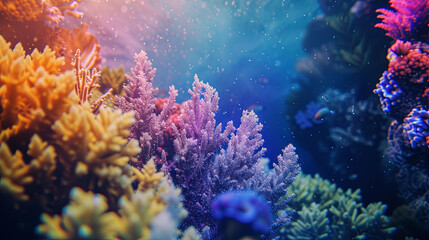 Naklejka na ściany i meble Colored corals at the bottom of the sea, marine background