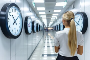  A Businesswoman Among a Series of Clocks Displaying Various Time Zones, Symbolizing Global Connectivity and Time Management, Generative AI - obrazy, fototapety, plakaty
