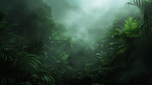 Fototapeta Exotic foggy forest Jungle panorama forest oasis Foggy dark forest Natural forest landscape 3D illustration