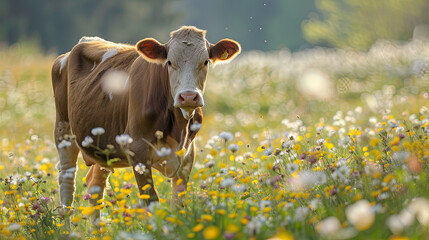 Cow in a spring field with white flowers