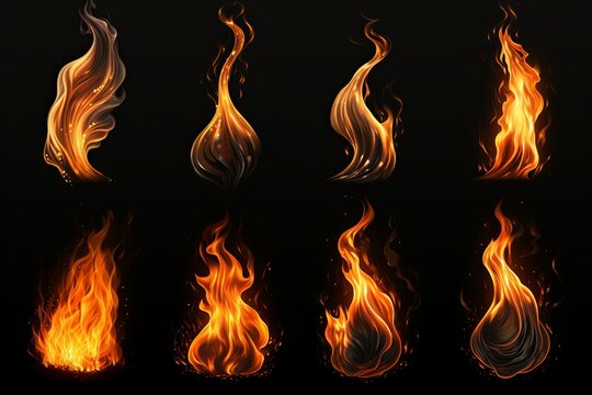 Fire burning flames set isolated on black background