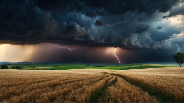 Cereal field in stormy day with lightning. Generated AI