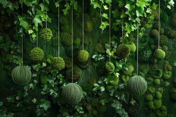 Verdant moss wall with hanging vines and green yarn balls, a serene and natural artistic display. Concepts of eco-design, tranquility, green living, creativity, and sustainability - obrazy, fototapety, plakaty