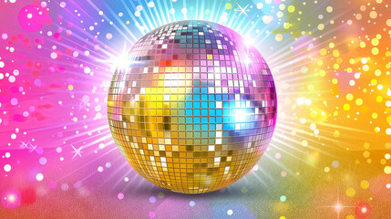 Disco concept with colored disco ball in glowing rays