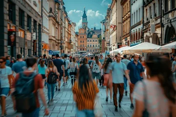 Schilderijen op glas Warsaw, Poland. 29 July 2023. Crowd of people walking on a street. A crowd moving against a background of an urban old city landscape. © Bilal
