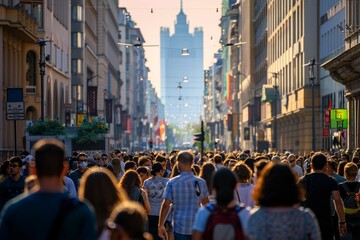 Warsaw, Poland. 29 July 2023. Crowd of people walking on a street. A crowd moving against a...
