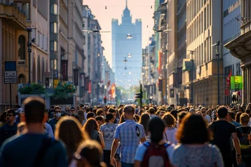 Photo sur Aluminium Magasin de musique Warsaw, Poland. 29 July 2023. Crowd of people walking on a street. A crowd moving against a background of an urban old city landscape.