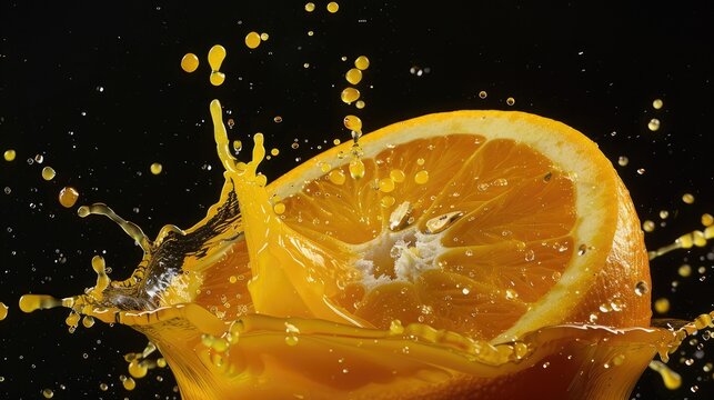 Dynamic composition featuring orange juice splashes and pours from an isolated orange, emphasizing the liquid motion and tropical flavor.