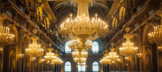 Obraz premium antique candle light from chandeliers. Chandeliers hanging from the ceiling, lavish rococo baroque setting, classical lighting, church chandelier, background of a golden ballroom